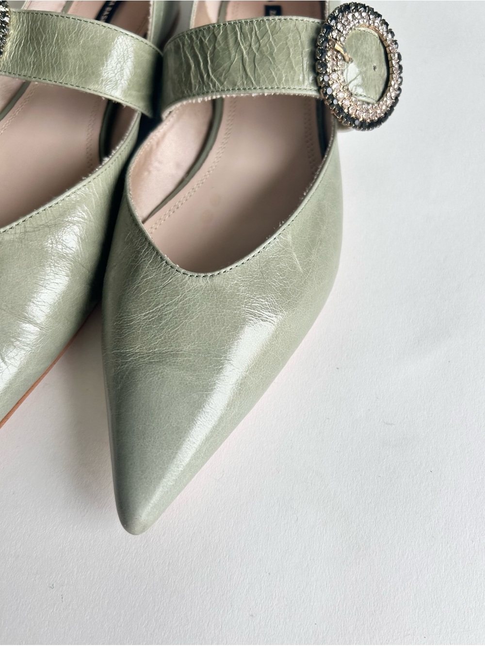 Zara Basic Green Leather Mary Jane Point Toe Glitter Buckle Flats size 7.5 - Picture 7 of 16